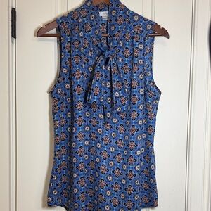 Van Heusen Geometric Medallion Print Sleeveless Blouse Blue Boho Tie Front -L